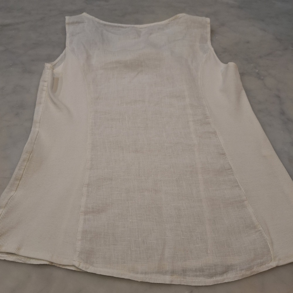 Lina Tomei Sleeveless White Linen Top Beaded Metal Neckline Sz S Rib Tank Boho - Picture 6 of 9